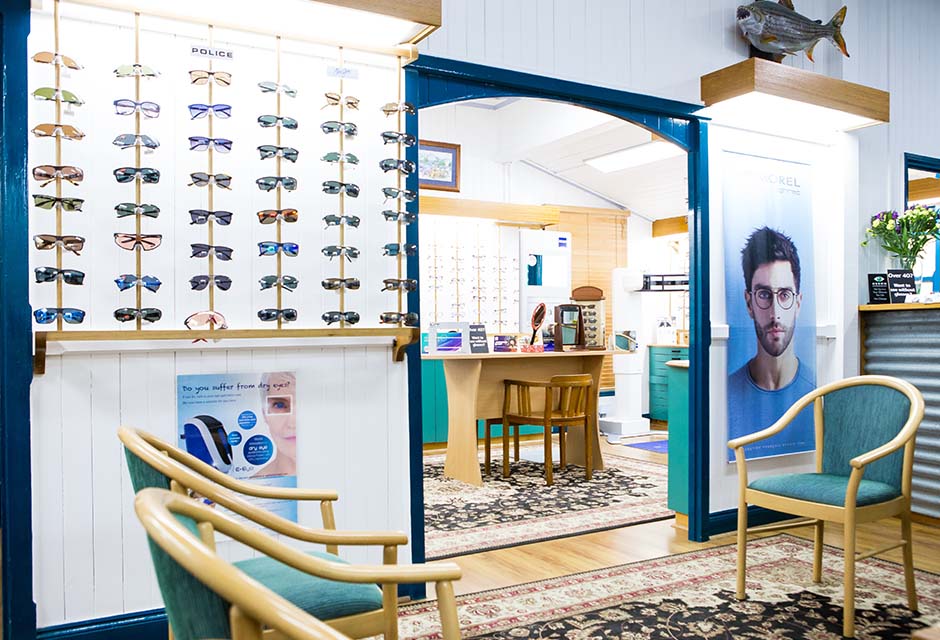 Heron Eyecare waiting room with range of eye glasses frames